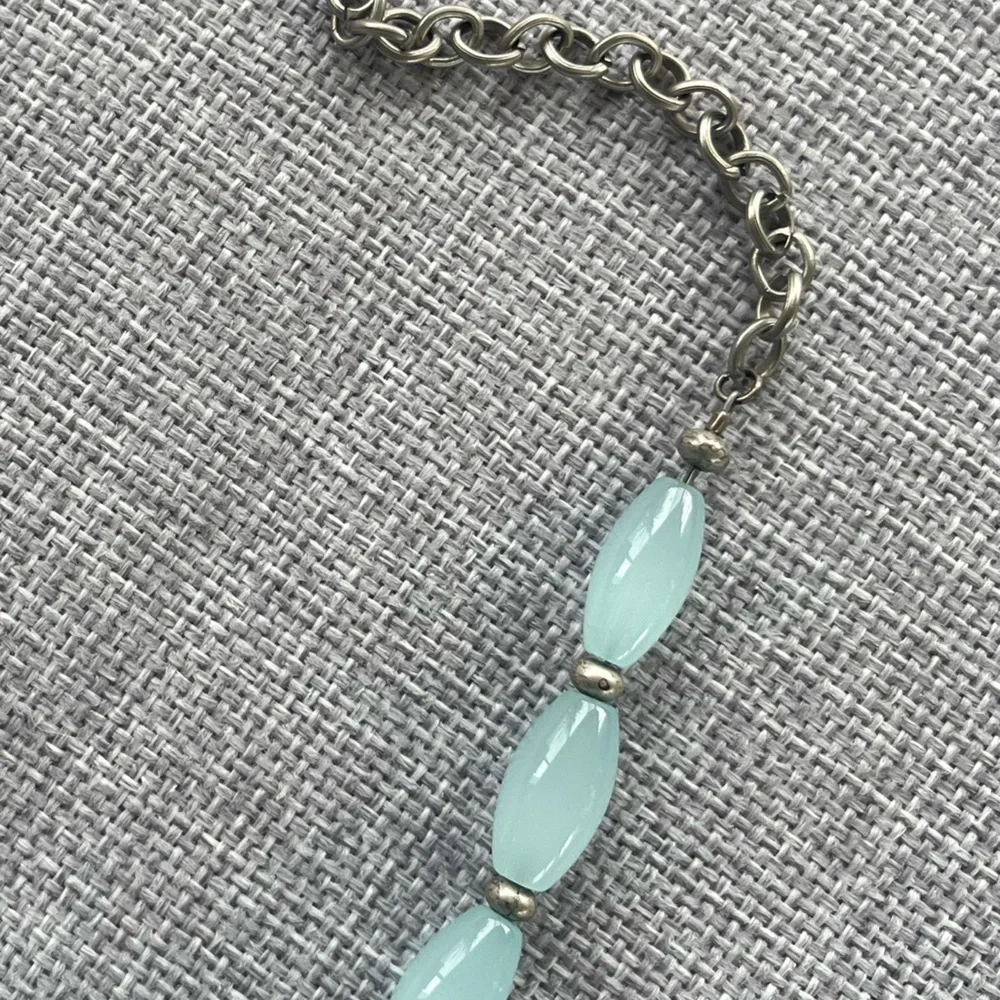 Aqua Blue Glass Beaded Necklace with Silver Accents and Pewter Tone Chain